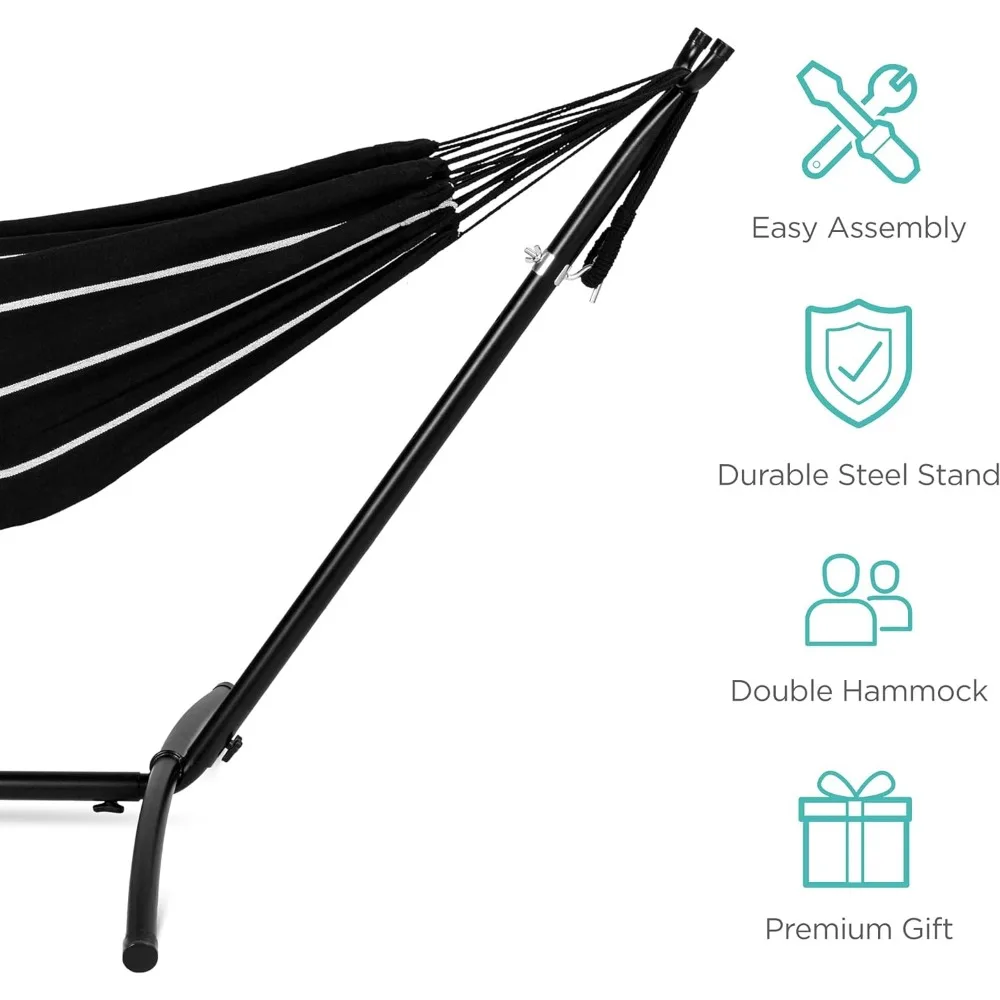 Double hammock with steel stand indoor outdoor Brazilian-style cotton bed with carrying bag 2-person capacity