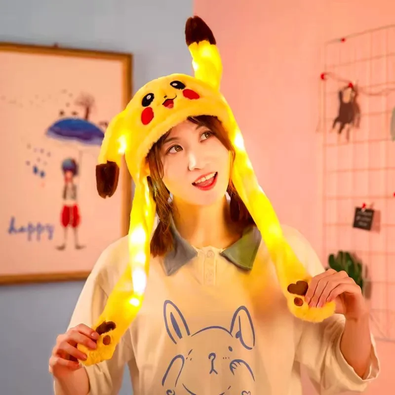 Pokemon Anime Cartoon Glowing Hat Cute Pikachu Children Toys Plush Bunny Hats Kawaii Pet Bunnys Ears Will Move Birthday Gifts