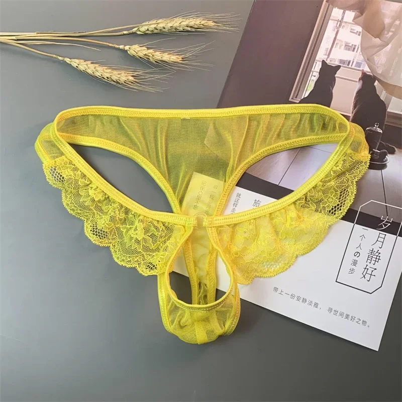 Adult Men's Open Crotch Underwear with Holes Transparent Seamless Thong Briefs Low-waist Ultra-thin Mesh G-string