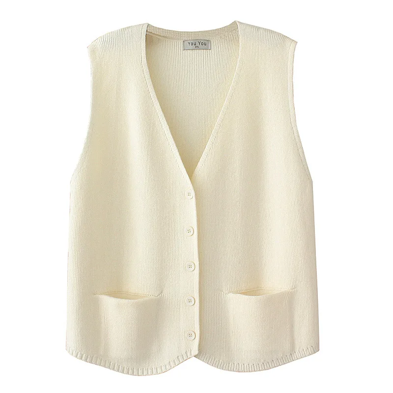 Plus Size Women's Sweater Vest Autumn New Loose Solid Color Double Pocket Knitting Jumpers V-Neck Sleeveless Cardiqan 3099
