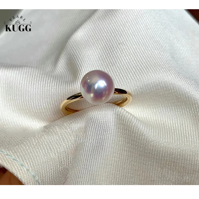 KUGG 18K Yellow Gold Rings 7.5-8mm Real Natural Akoya Pearl Classic Design IINS Style High Wedding Jewelry for Women stylish jewelry holder elegant jewellery storage tray stylish raised design for rings earrings necklaces for jewelry