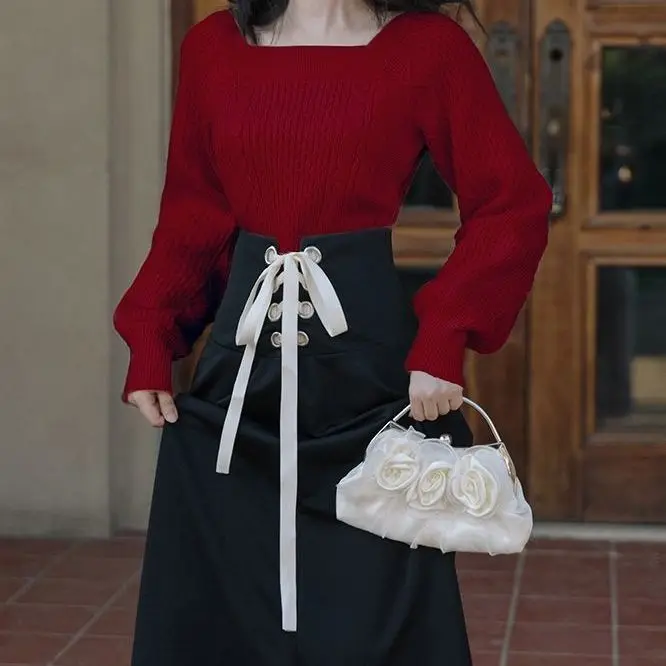 

2023 Autumn Winter Women New Two Piece Sets Female Outfits Elegant Knitted Sweater Tops and Loose Skirts Ladies Suits R514