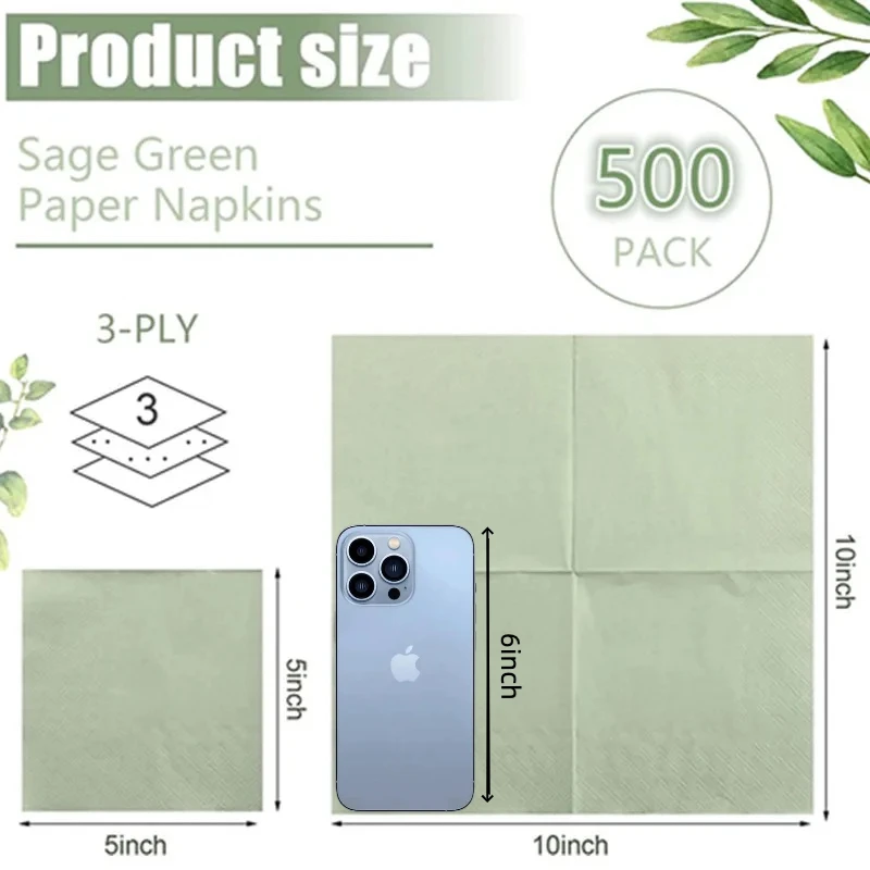 100PCS Sage Green Paper Cocktail Napkins Disposable 3 Ply Beverage Embossed Wedding for Birthday Dinner Party Bridal Shower Xmas
