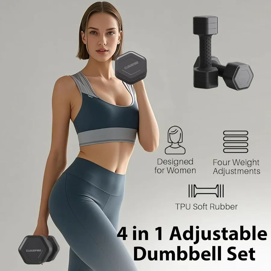Adjustable Dumbbell Set of 2, 4 in 1 Free Weights Dumbbells Set, Hand Weights for Women at Home, 5 lb Dumbbells Set with Non-sli
