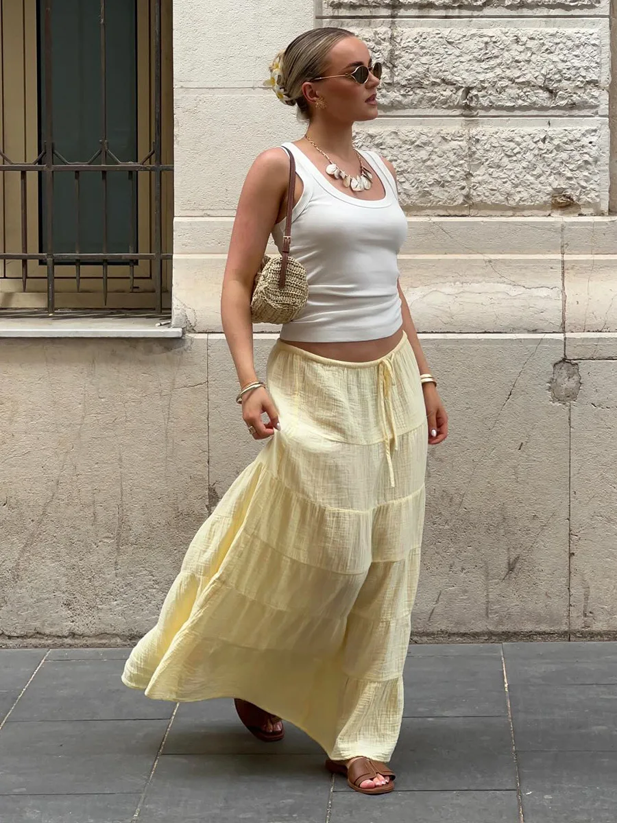 Bornladies 2026 Summer New Women's Yellow Low-Waist Tiered Midi Skirt Lightweight Relaxed Casual Paneled Long Skirt