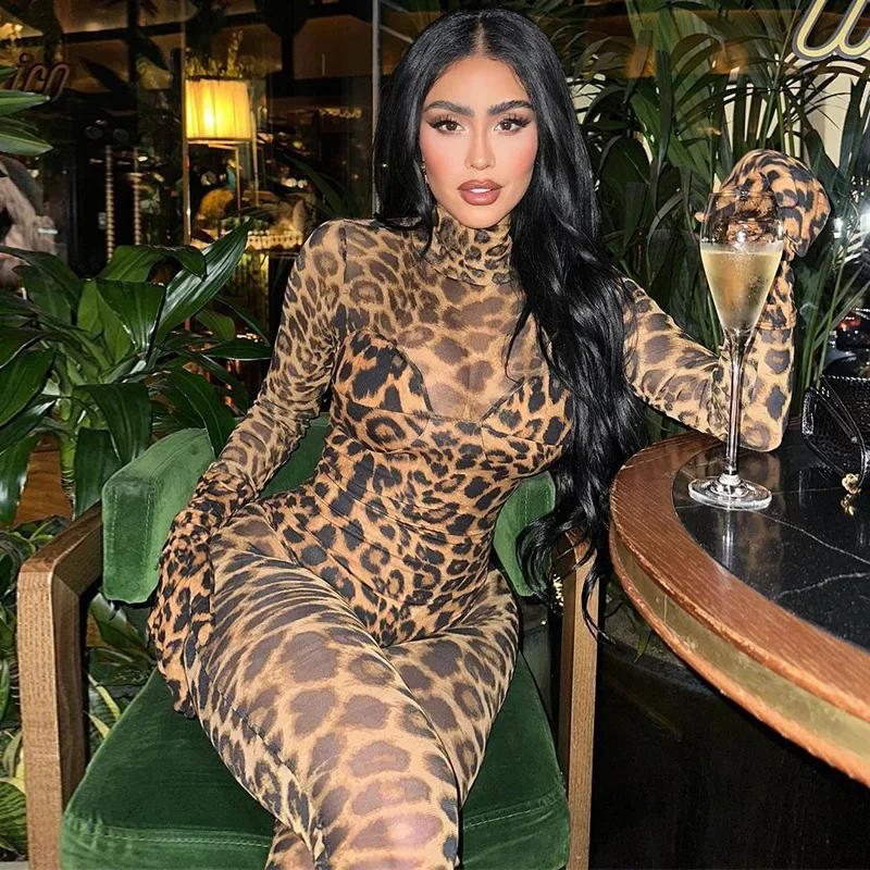 Leopard One Piece Sexy Mesh Jumpsuits 2024 Women Fall Winter Clothes Club Party Elegant Bodycon Jumpsuit Bodysuit Playsuit elegant flower embroidery jumpsuits women 2024 spring mesh sleeve chain decorate high waist ladies jumpsuit v neck sexy bodysuit