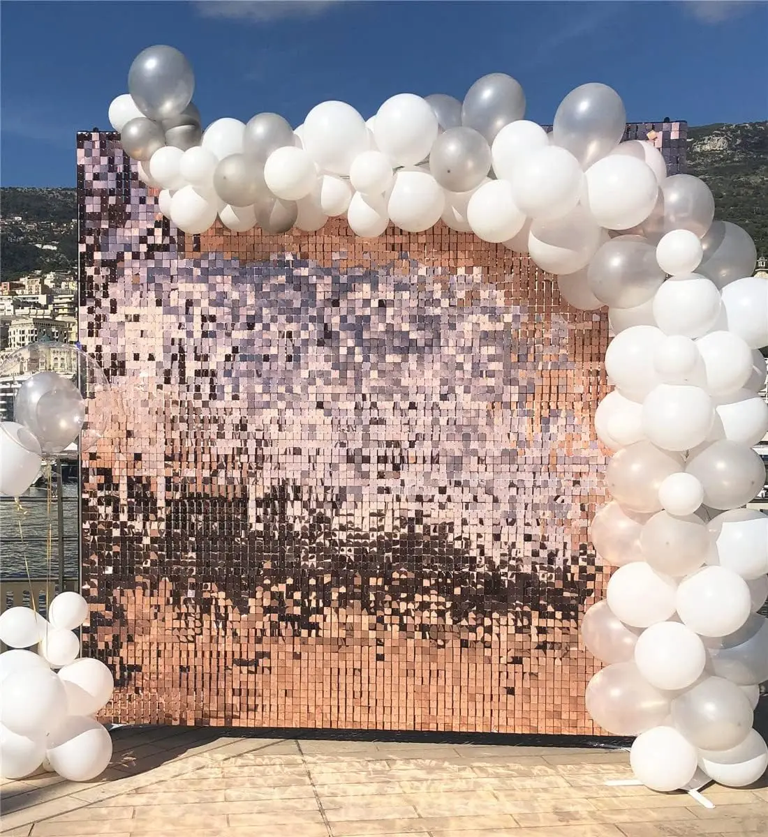 Pannelli luccicanti quadrati in oro chiaro con paillettes, fondali da parete luccicanti per decorazioni per feste di matrimonio, compleanno, fidanzamento, baby shower - Italia