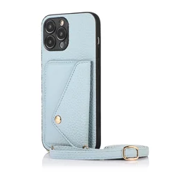 Chic Leather Crossbody Phone Case with Card Holder and Lanyard Strap for iPhone 11 (Sky Blue)