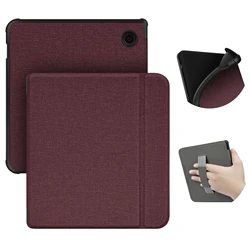 Premium Soft Fabric Smart Case with Hand Strap for Kobo Libra - Magnetic Protective Slimshell Cover (Dark red)