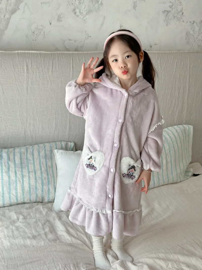 Sanrio New Girl Autumn Cartoon Kuromi Elsa Flannel Home Clothes Sleeping Skirt Warm and Cute Girl Sleeping Skirt Christmas Gift