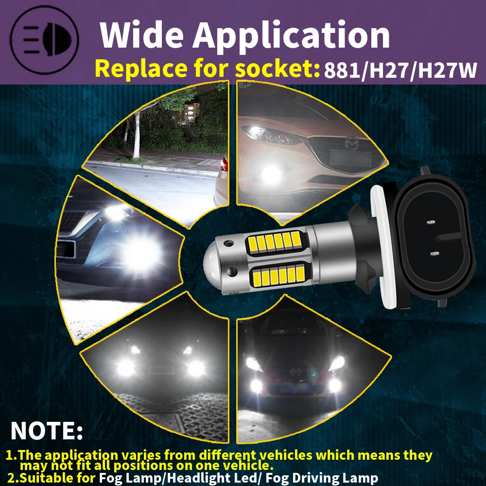 2개 H27W/2 881 H27 PGJ13 LED 12V 헤드라이트 캔버스 오류 없음 화이트 모토 안개등 자동차 터보 다이오드 전구 어댑터 불필요