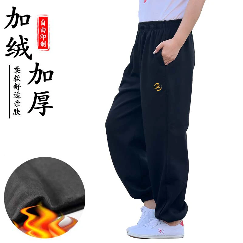 Thickened Plush Tai Chi Pants Embroidered Martial Arts Training Pants Lantern Taekwondo Karate Judo Kung Fu Trouser Winter