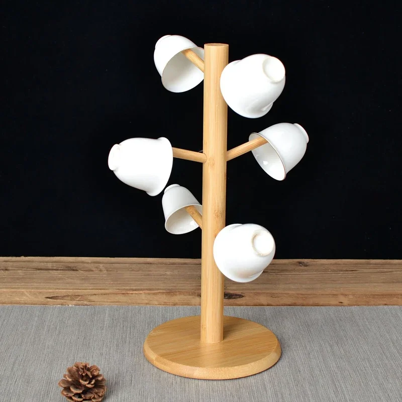 Bamboo Mug Hanging Display Rack Drinkware Shelf With 6 Hooks Tree Shape Wood Coffee Tea Cup Storage Holder Stand 4