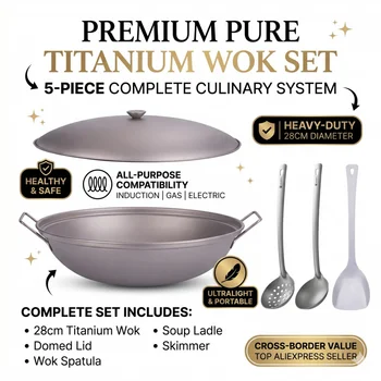1.8L Pure Titanium Wok Pan with Lid Spatula Ladle Set Induction Compatible Outdoor Camping Alcohol Stove Dry Pot Healthy 5Pcs 1
