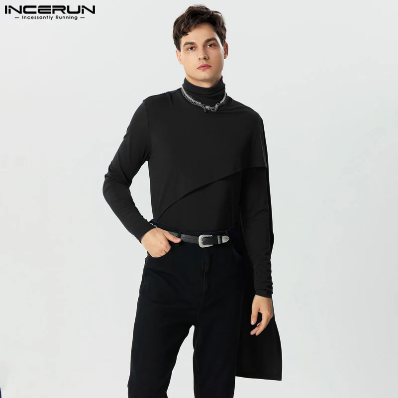 INCERUN Tops 2023 American Style Handsome Men Knitted Pit Stripe High Neck Pullover Casual Solid All-match Elastic Sweater S-5XL