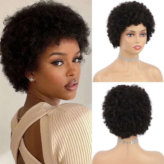 Remy Short Afro Kinky Curly Wave Brazilian Human Hair Wigs Natural Black  Brazilian Hair For Black Women With Bang/fringe Wigs - Full Machine Wigs -  AliExpress