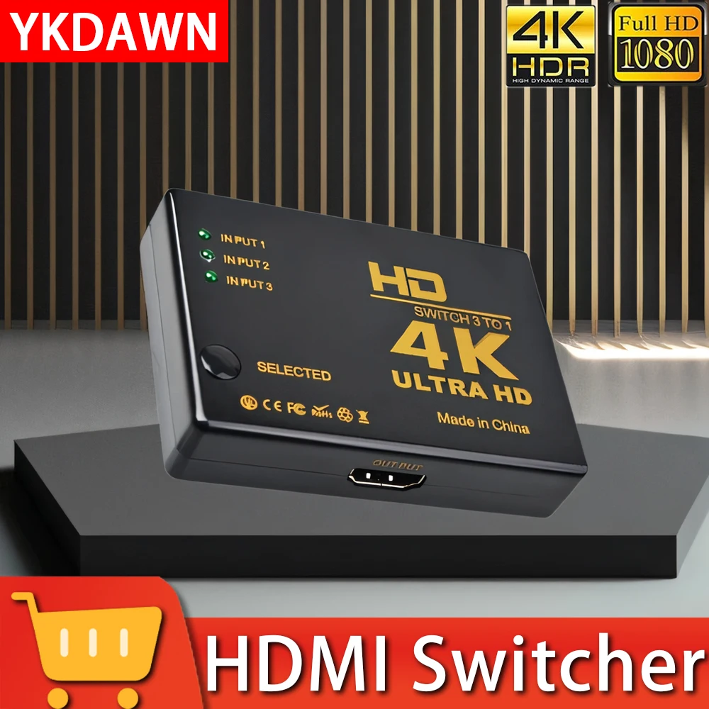 YKDAWN HD 신호 분배기 스위치, V1.4, 4K, 1080P, 3-in, 1-Out..