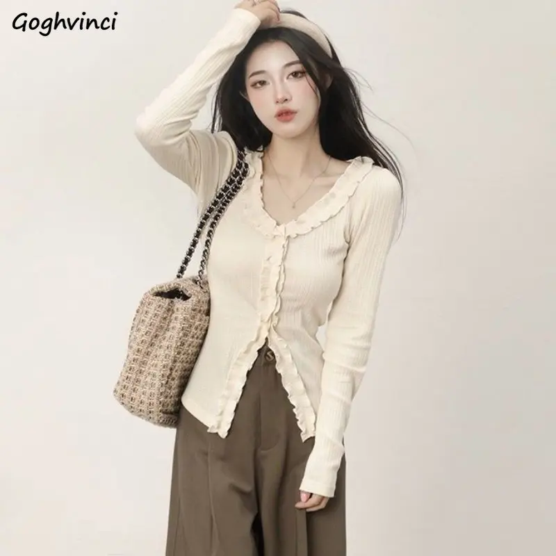 

Slim Shirts Women Long Sleeve Spring Elegant Office Lady Vintage Ruffles Pretty Design Chic Cozy Tops Temperament Simple Popular