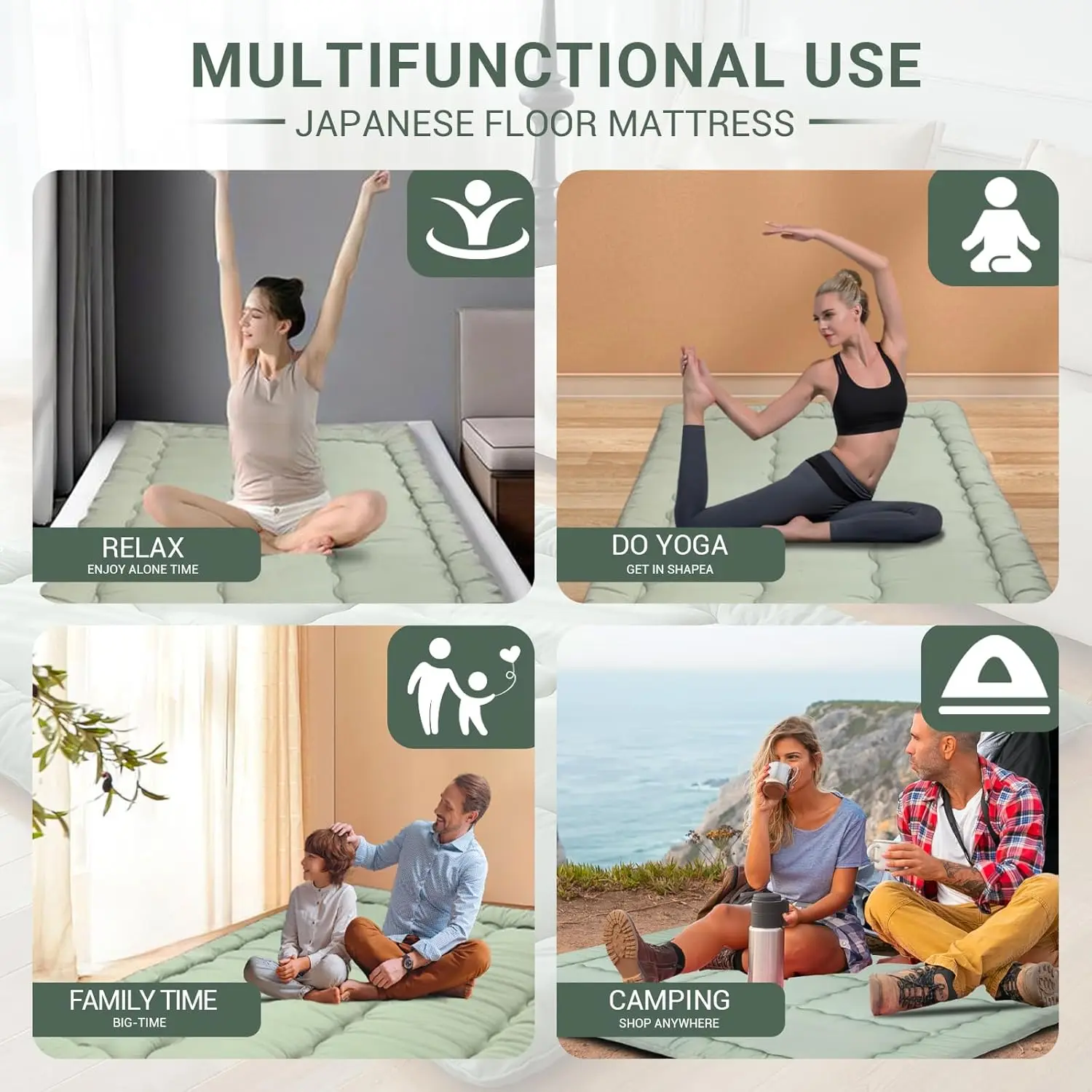 Japanese Floor Mattress. Twin Size 39"x80". Foldable Tatami. Portable Roll Up. For Adults, Dormitory, Camping. Green.