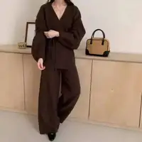 [EWQ] mode col en v à manches longues à lacets pull et taille haute pantalon décontracté femmes tricot ensemble vêtements 2025 automne nouveau 16O1719 3