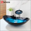 SINLAKU Bathroom Basin Set Blue Tempered Glass Basin Deck Mounted Vessel Single Handle Control With Waterfall Water Mixer Taps 1