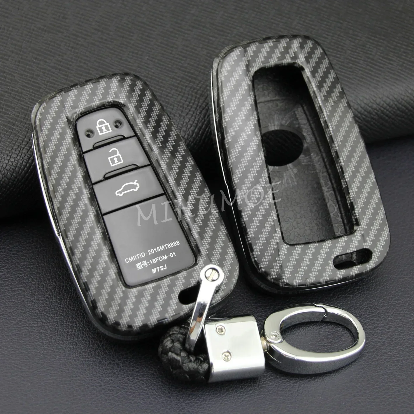 For Toyota Car Key Case Cover Fob Chain Ring Shell Camry RAV4 Avalon Corolla C-HR Prius 86 GT86 Mirai 4Runner Carbon Fiber 1