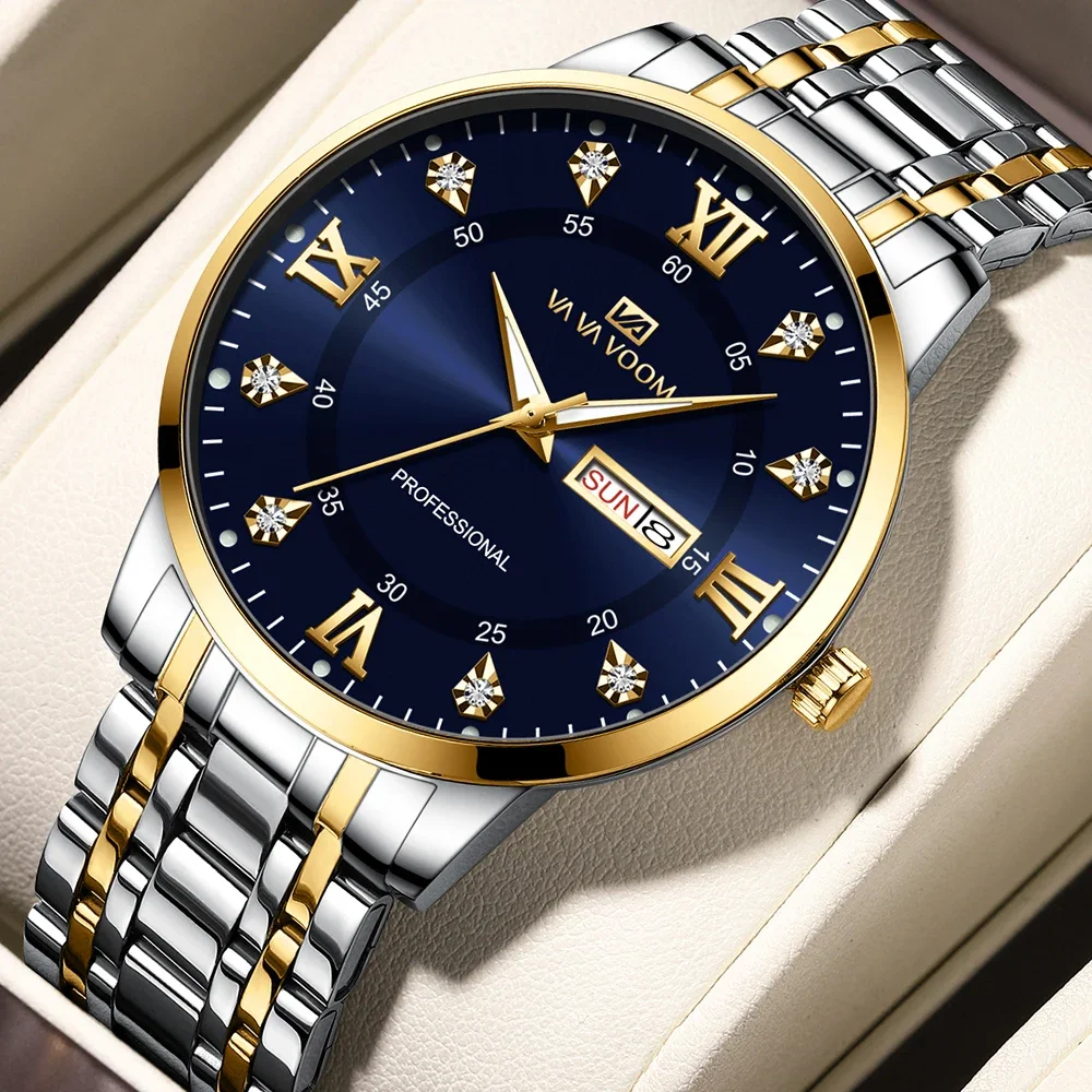 Luxury Mens Stainless Steel Hand Blue Gold Water Diamond Night Glow Weekly Calendar Movement  Free Shipping Fashion Quartz Watch