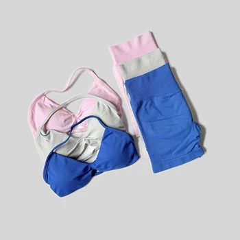 Donna Solid Fitness Gym Bike Yoga Set Vita alta Pesca Legging corto Halter Neck Reggiseno sportivo 2 pezzi Tuta da palestra atletica 1