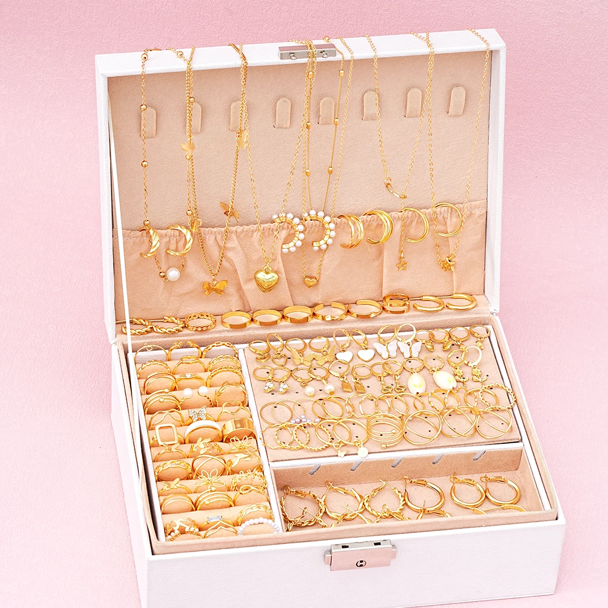 114-piece Jewelry Set Lovely Atmosphere Lady Punk Pearl Metal Ring Earring Necklace Set 1