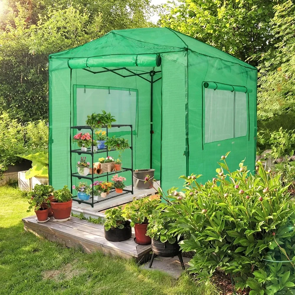 

8x6 Portable Walk-in Greenhouse Instant Pop-up Indoor Outdoor Plant Gardening Green House Canopy, Roll-Up Zipper Entry Doors