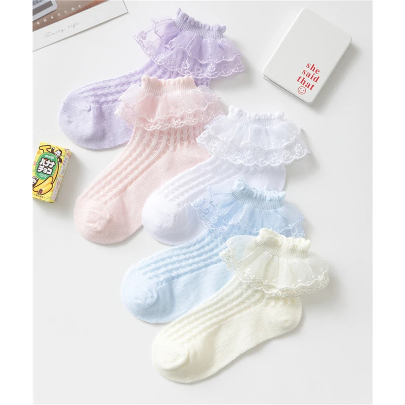Fashion Newborn Toddlers Girls Lace Ruffled Socks Frilly Cotton Ankle Socks with Lacework Decoration 1-10Y