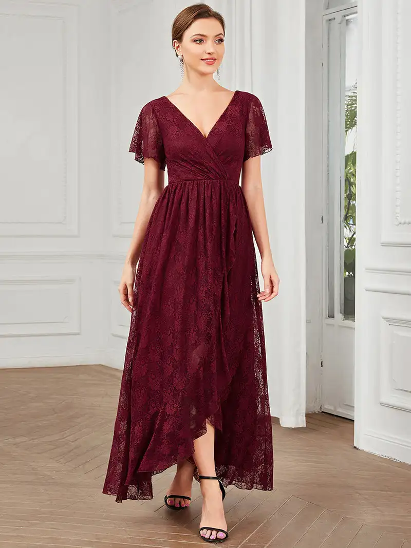 

Gorgeous Evening Dresses Deep V Neck Short See Through Sleeves Through 2023 Ever pretty of A-Line Burgundy Bridesmaid dress