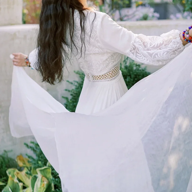 Bohemian White Beach Dress Women Elegant Party Dresses Spring Auutm V-neck Sexy Hollow Out High Waist Long Robe Vestidos