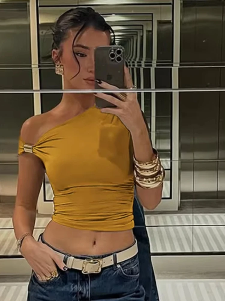 Nibber Summer Fashion Irregular Off Shoulder T-Shirts Women Ruched Skew Collar Single Sleeve Casual Solid Simple Streetwear