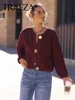 HH Autumn Women Elegant Burgundy Red Cardigan Fashion O Neck Long Sleeve Sweaters Office Lady Casual Crop Knitted Outerwear
