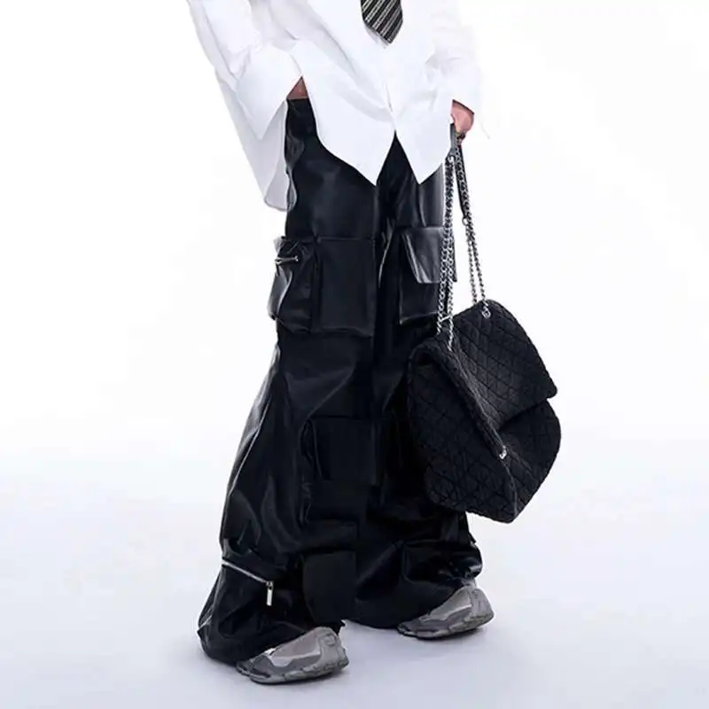 FEWQ Multi Pocket PU Leather Men's Autumn Pocket Pants Wide Legs Solid Color Darkwear Male Trousers Fashion 24E1736