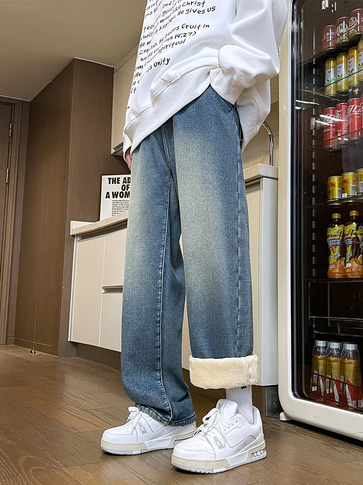 Men's Winter Pants Fleece-lined Straight Jeans Korean Fashion Elastic Waist Semi-Wide Baggy Denim Pants Thick Warm Jean Trousers 3
