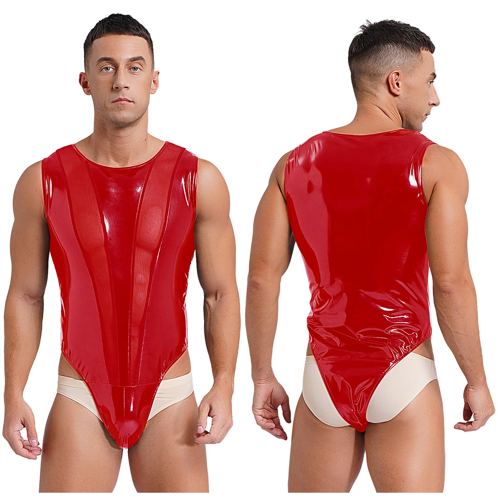 thumbnail image 1 of Body de charol para hombre, lencería de una pieza con aspecto húmedo, ropa para discoteca Rave, traje de leotardo con entrepierna abotonada de malla, monos ajustados, 1 of 5