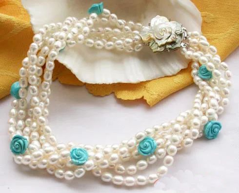 

Favorite Pearl Jewelry,6Rows White Rice Freshwater Pearl Turquoise Flower Necklace,Wedding Birthday Party Charming Women Gift