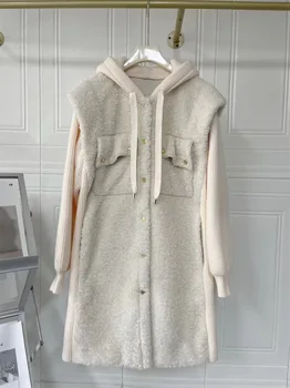 Cappotto patchwork da donna con colletto ampio alla moda invernale Cappotto caldo in lana d'agnello imitazione con coulisse con cappuccio 1