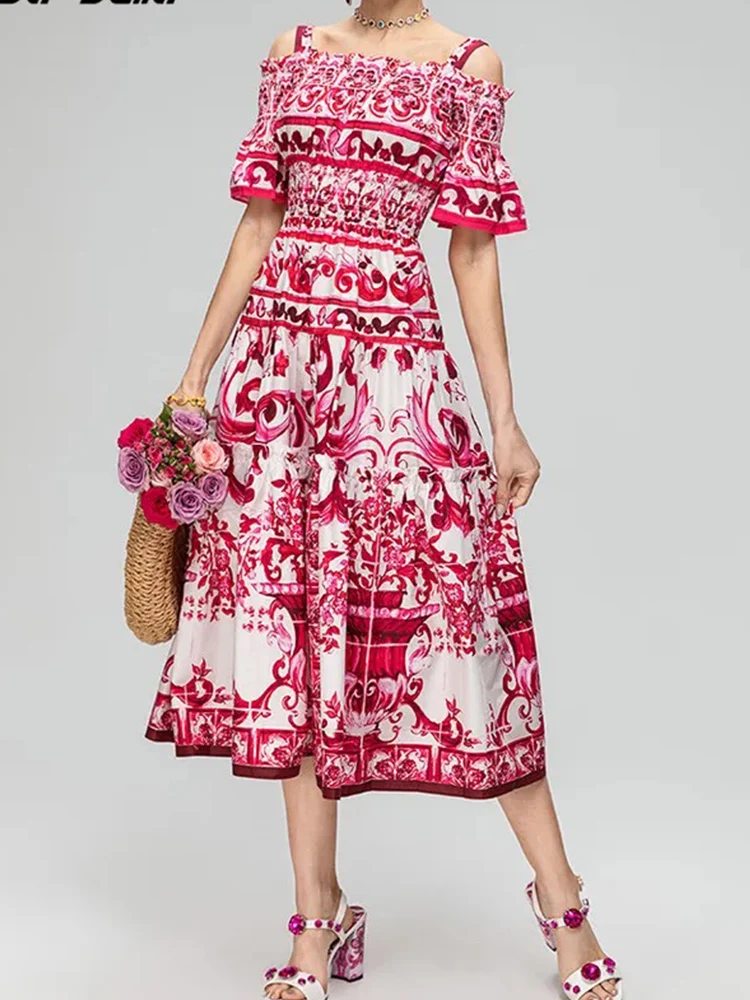 

Retro summer one-shoulder two-wearing printed short-sleeved skirt with suspenders designer elastic waist big swing holiday dress