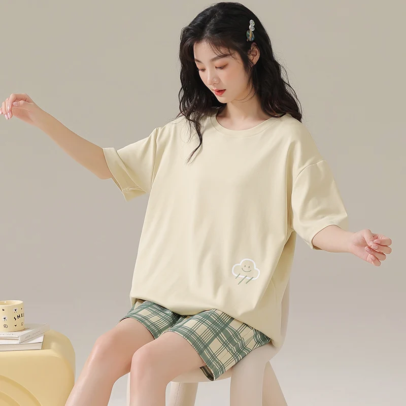 Knitted cotton women's pajamas double short suit 2024 summer new short-sleeved shorts casual simple stripe fashion home suit