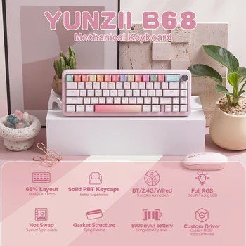 YUNZII B68 Wireless Mechanical Gaming Keyboard, Tri-Mode Hot Swappable Cute Gasket Mounted Creamy Keyboard for Win/Mac, 2