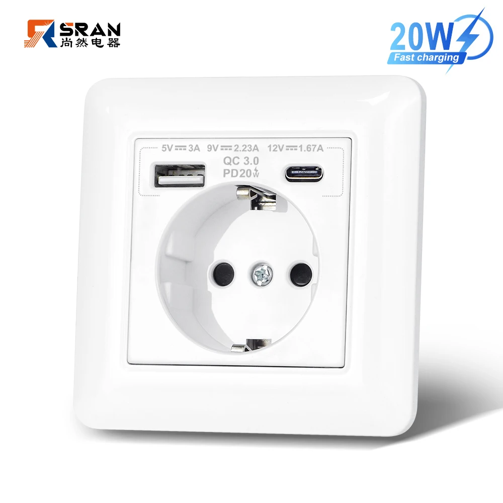 SRAN ซ็อกเก็ตผนัง USB 20W Fast CHARGING และ 5 V 2A มาตรฐาน EU, 82*82 มม.สารหน่วงไฟ PC แผง USB Type-C ผสม 1