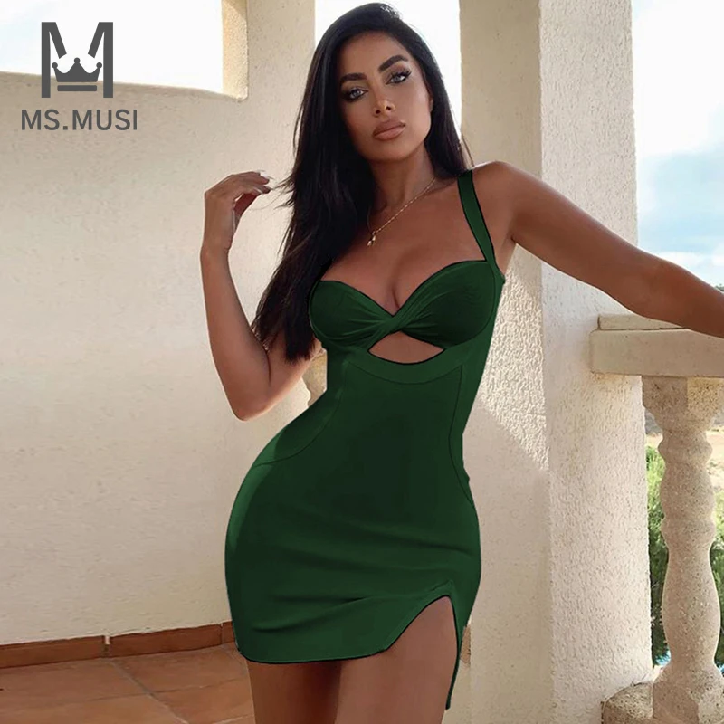 

MSMUSI 2022 New Fashion Women Sexy Strap Sleeveless Lace Mesh Bandage Hollow Out Backless Slit Bodycon Club Mini Dress Vestidos