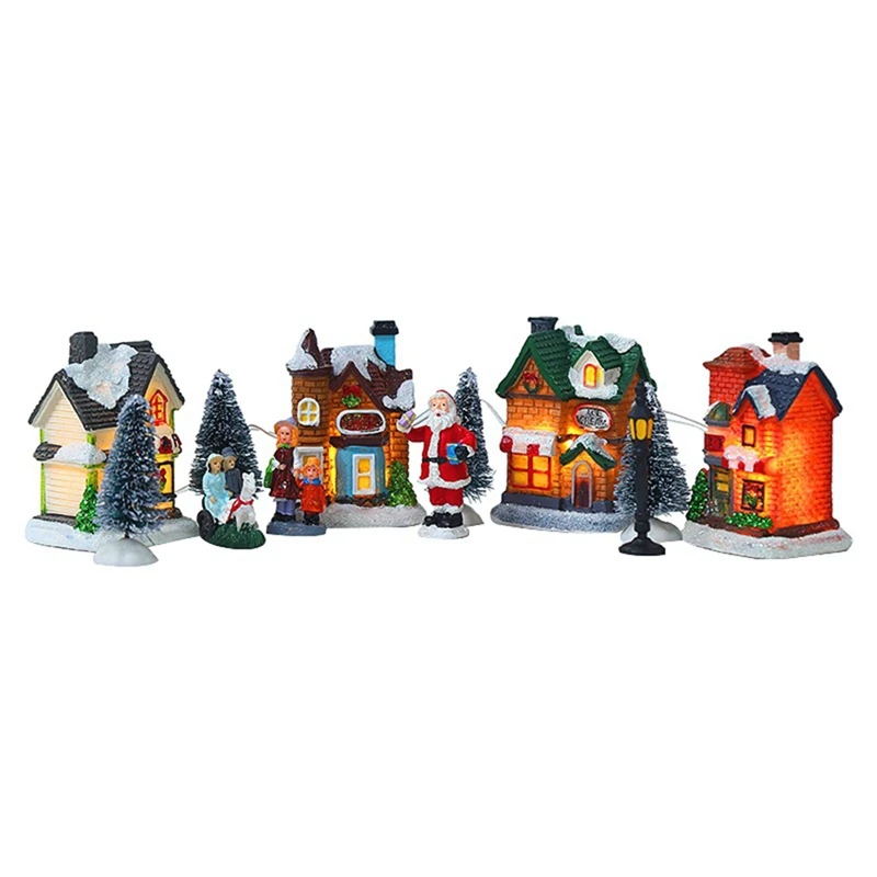 10Pcs Natale Babbo Natale Snow House Tiny Scene Set Luminoso Led Light Up Xmas Tree Shop Village Decor Figurine