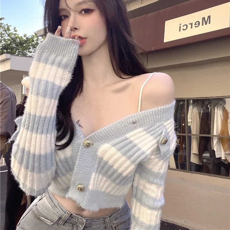 여성용 심플 스트라이프 브이넥 가디건, 올매치 우아한 한국 스타일 패션, 용수철 학생 사랑스러운 소녀 슬림 캐주얼 데일리 아늑한