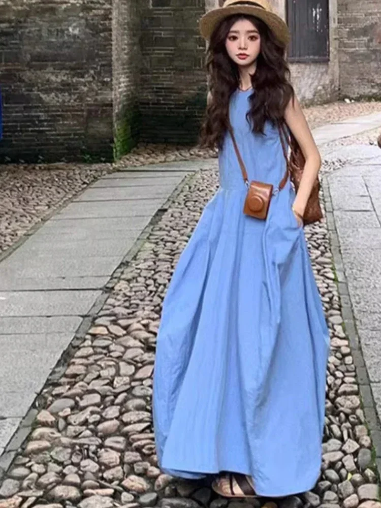 

Summer Seaside Women's Blue Back Dress Premium Sense Vacation Loose Slim Sleeveless Skirts Female Trendy Fashion Long Dresses