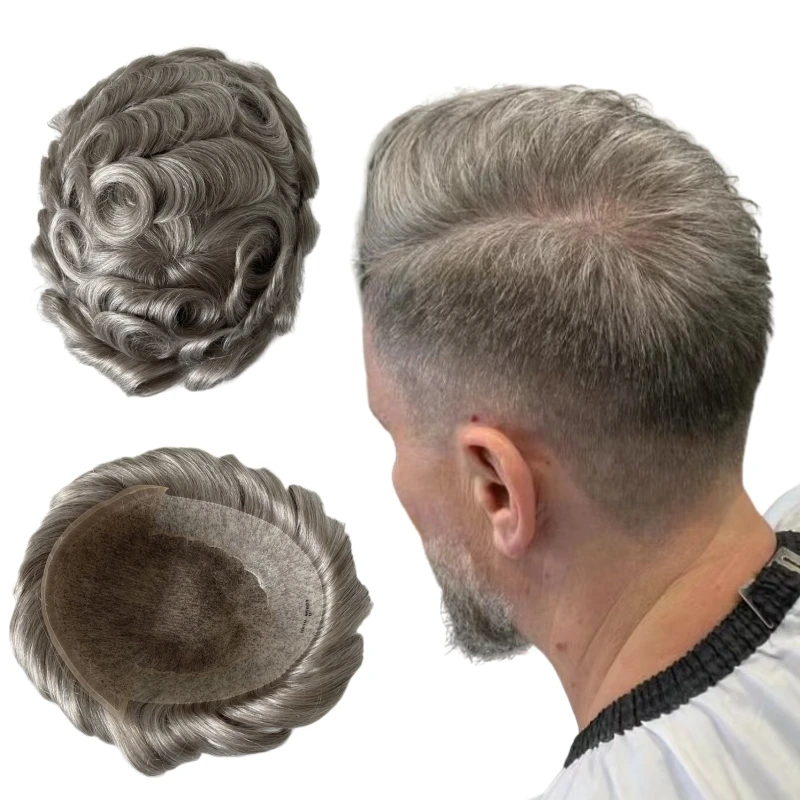 Mongolian Virgin Human Hair Hairpiece #580 Grey Front Lace Unit 8x10 Q6 Toupee for White Men