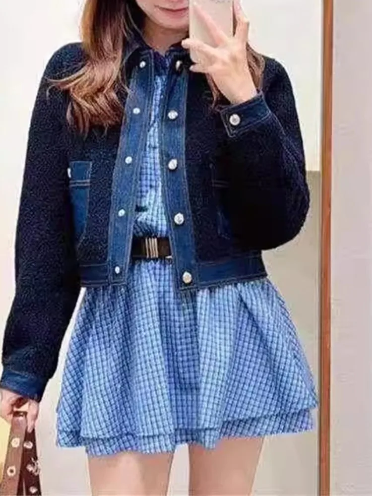 2026 Early Spring Female Retro Denim Lapel Patchwork Long Sleeved Single Breasted Jacket